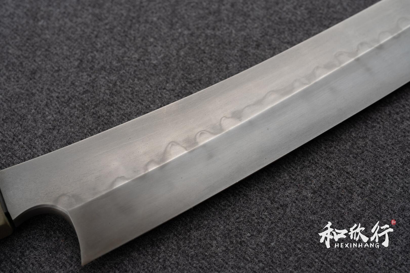 二唐刃物鍛造所Nigara Hamono 白一鋼亂紋水本燒曲背先丸柳刃300mm